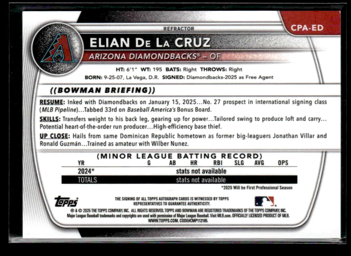 2025 Bowman Chrome #CPA-ED Elian De La Cruz Prospect Autographs Refractor #/499