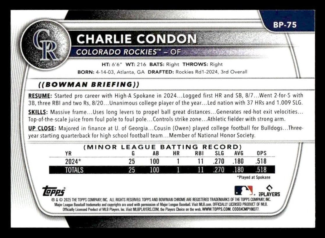 2025 Bowman #BP-75 Charlie Condon Prospects