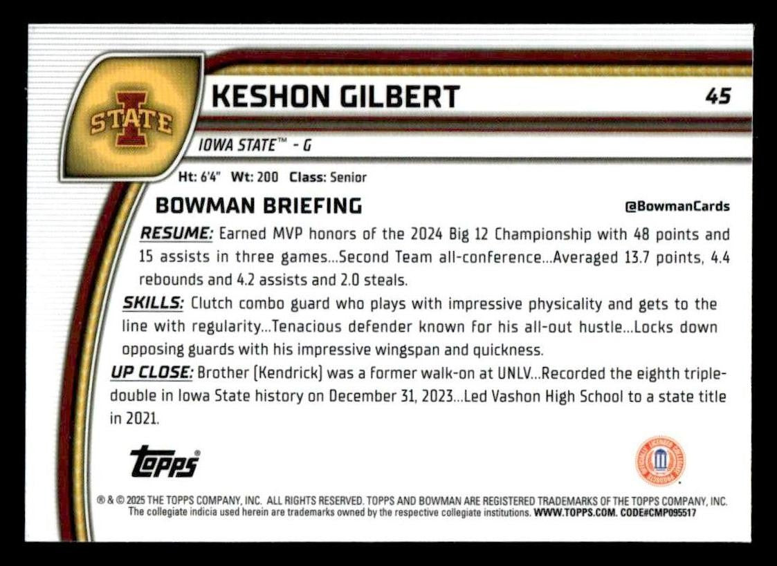 2024-25 Bowman University Chrome #45 Keshon Gilbert
