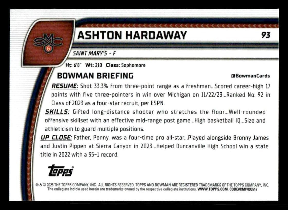 2024-25 Bowman University Chrome #93 Ashton Hardaway