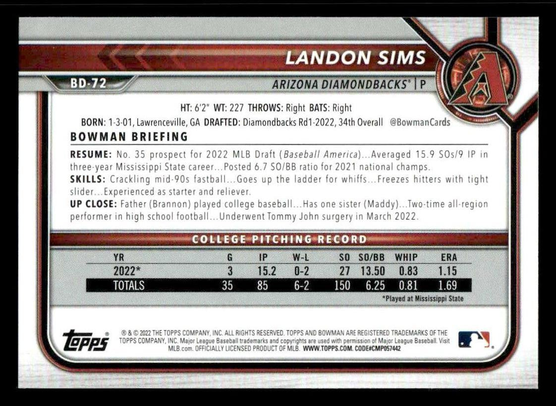 2022 Bowman Draft 1st Edition #BD-72 Landon Sims