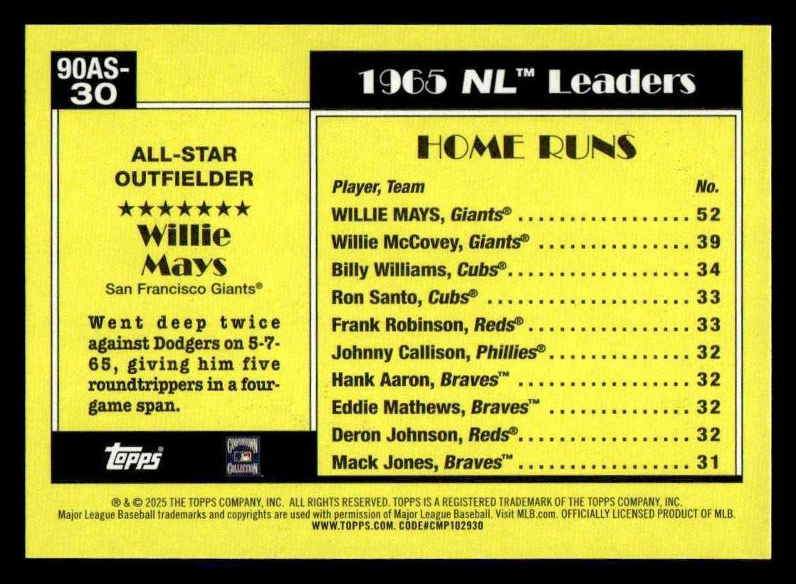 2025 Topps #90AS-30b Willie Mays 1990 Topps Baseball 35th Anniversary All-Stars