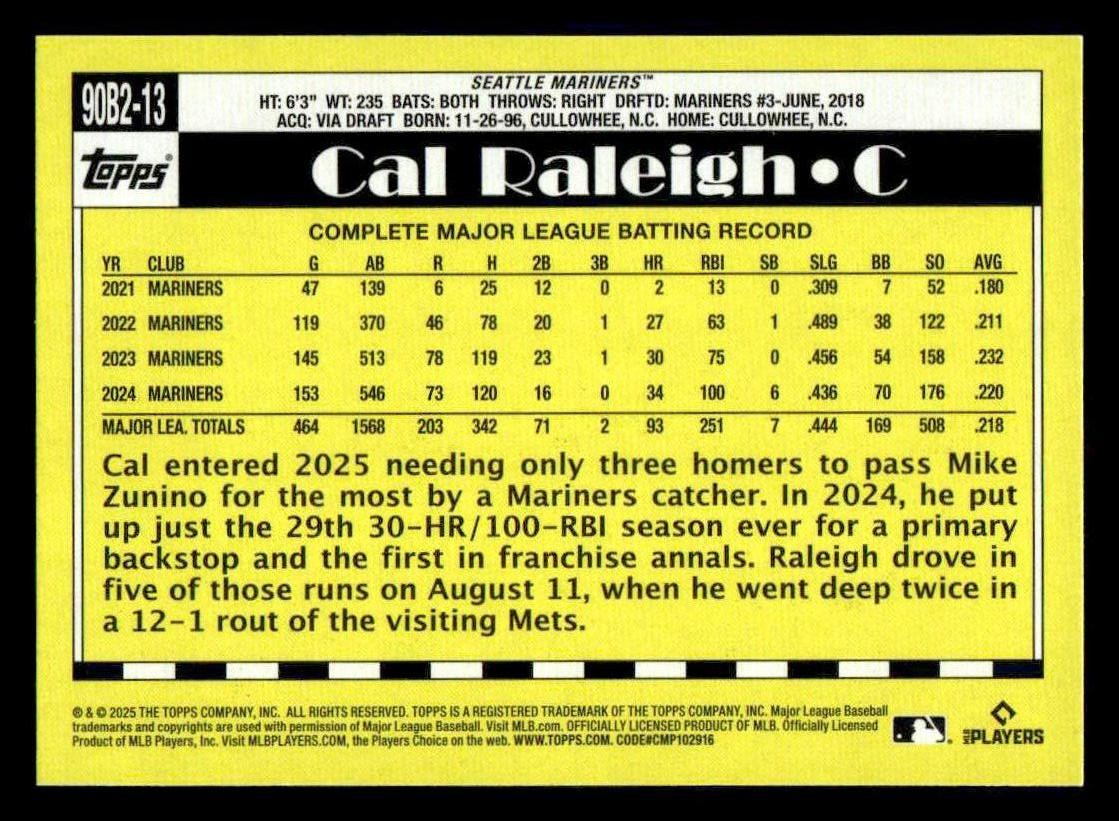 2025 Topps #90B2-13 Cal Raleigh 1990 Topps Baseball 35th Anniversary