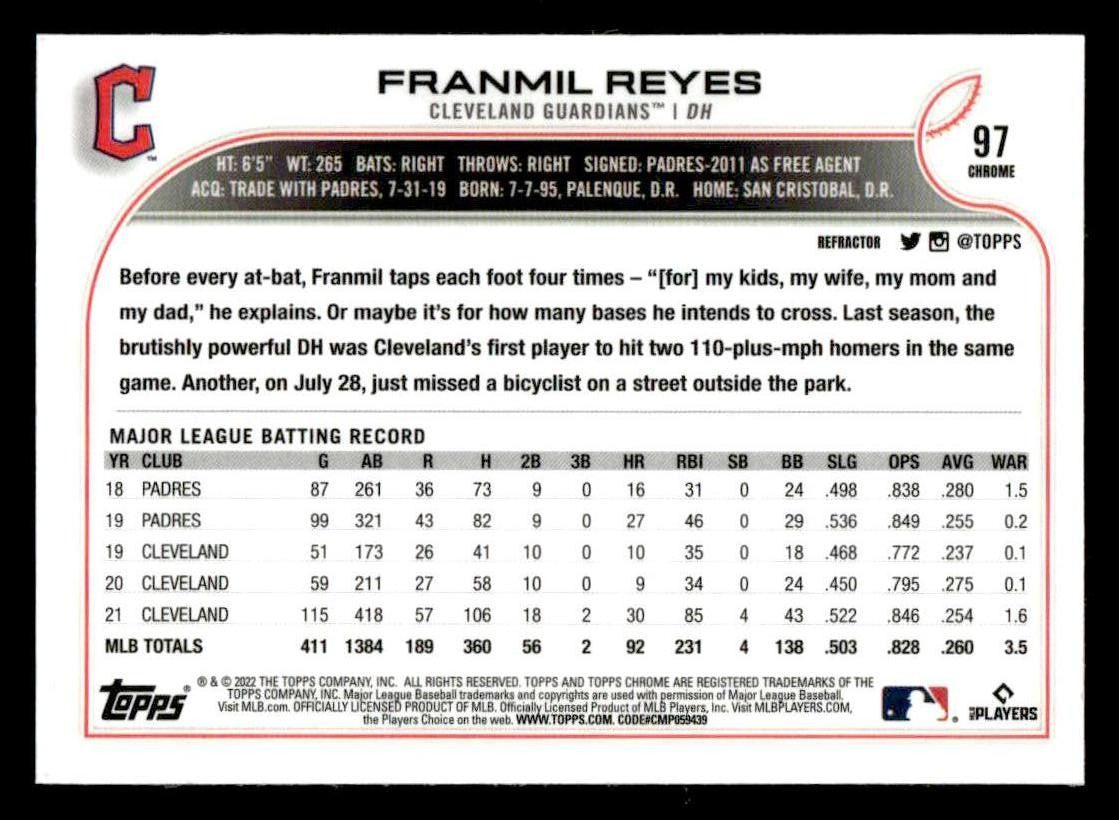 2022 Topps Chrome #97 Franmil Reyes Prism Refractor