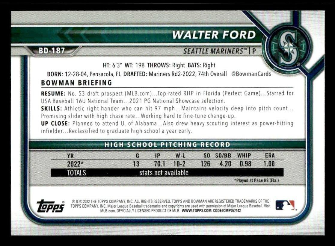 2022 Bowman Draft 1st Edition #BD-187 Walter Ford