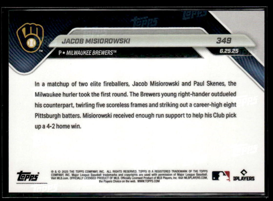 2025 Topps Now #349 Jacob Misiorowski Outduels Skenes with 8 K's