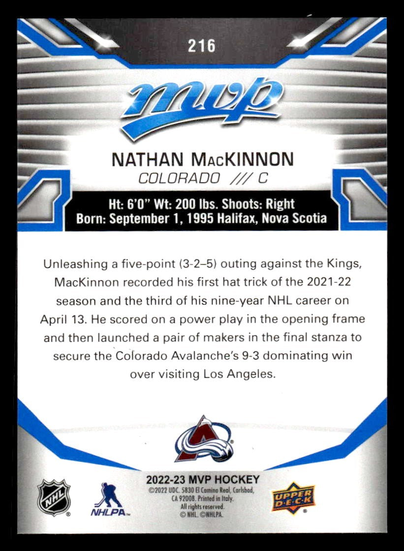 2022-23 Upper Deck MVP #216 Nathan MacKinnon Blue Script
