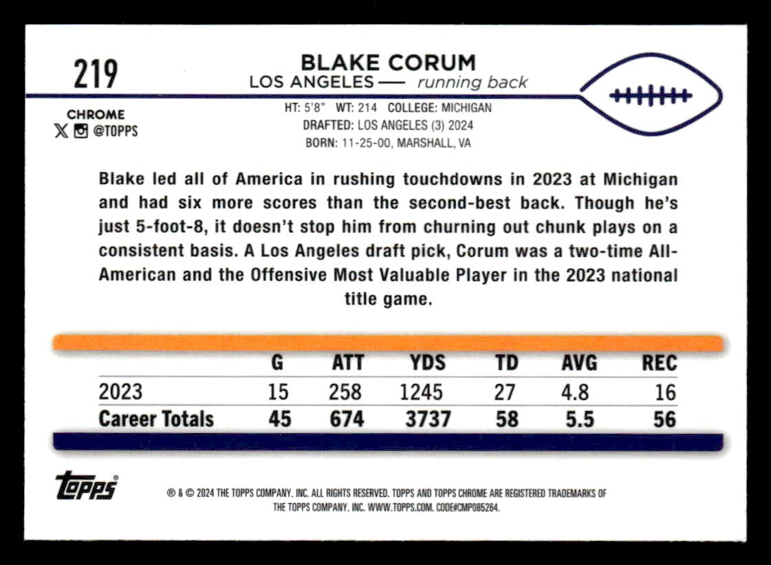 2024 Topps Chrome #219 Blake Corum Prism Refractor