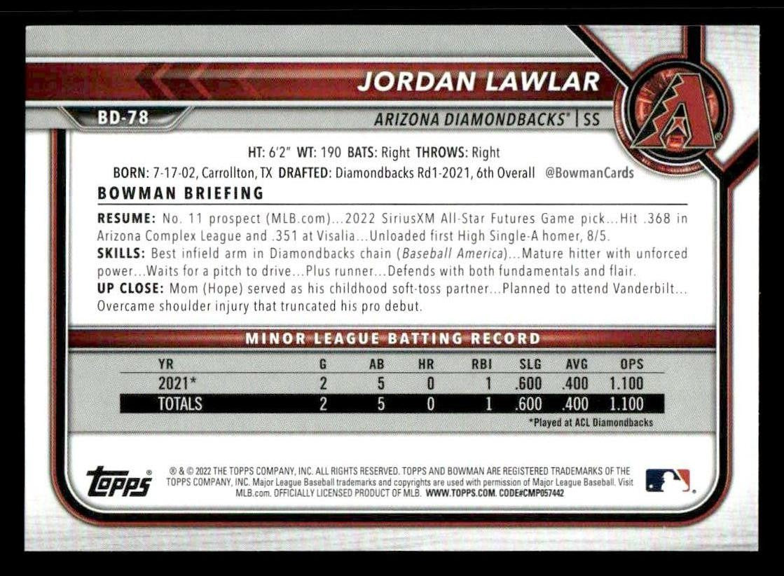 2022 Bowman Draft 1st Edition #BD-78 Jordan Lawlar