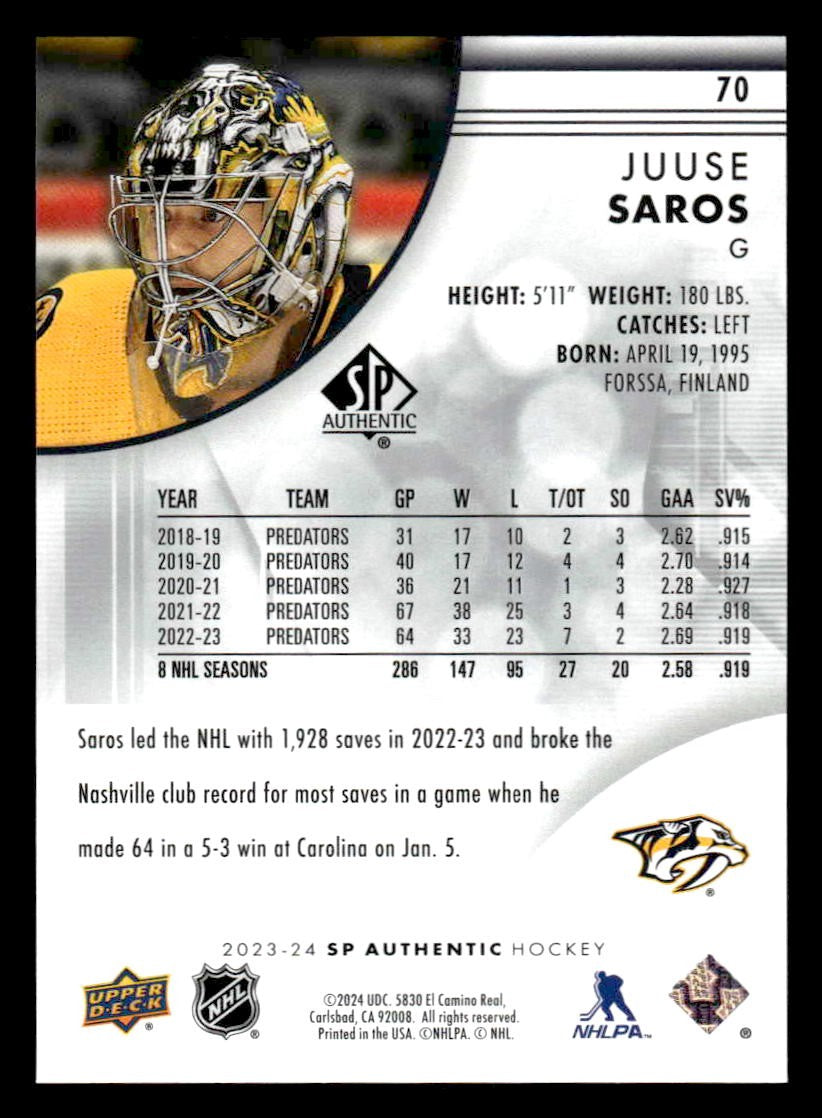 2023-24 SP Authentic #70 Juuse Saros