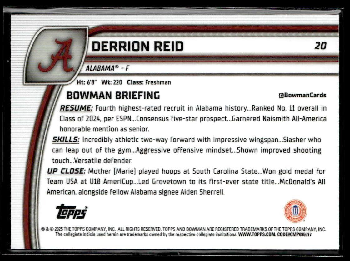2024-25 Bowman University Chrome #20 Derrion Reid Aqua Wave Refractor #/299