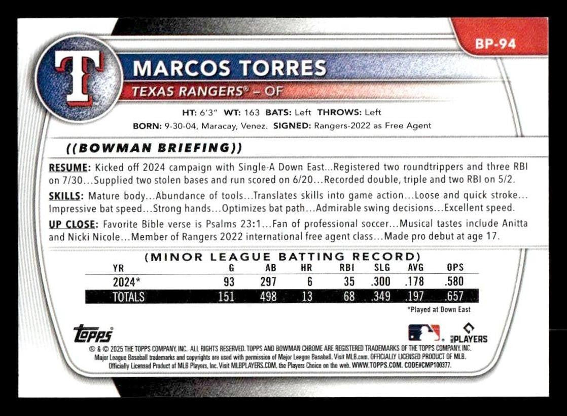 2025 Bowman #BP-94 Marcos Torres Prospects
