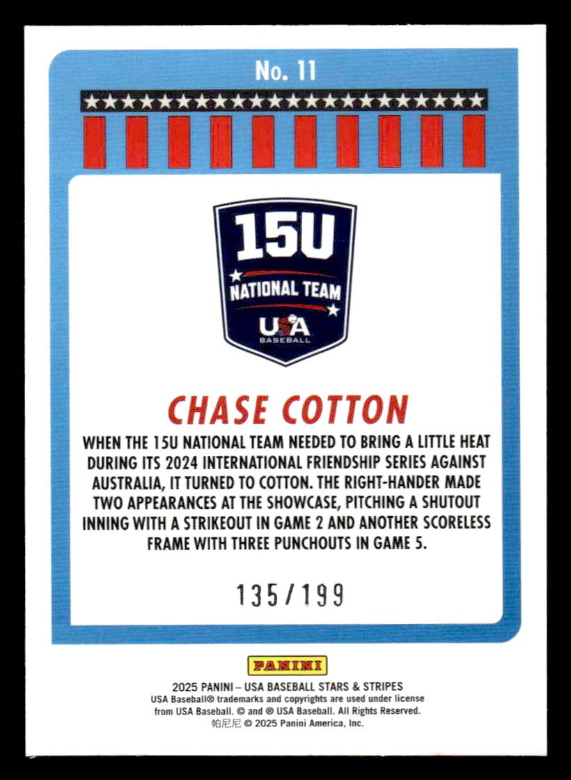 2025 Panini Stars and Stripes USA Baseball #11 Chase Cotton Red #/199