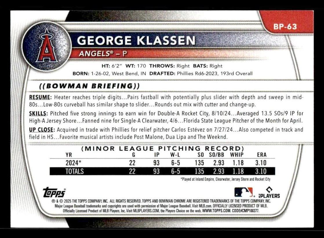 2025 Bowman #BP-63 George Klassen Prospects