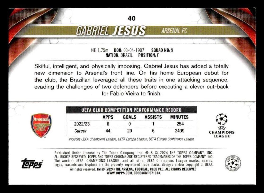 2023-24 Chrome UEFA Club Comps #40 Gabriel Jesus Neon Green Wave Refractor #/399