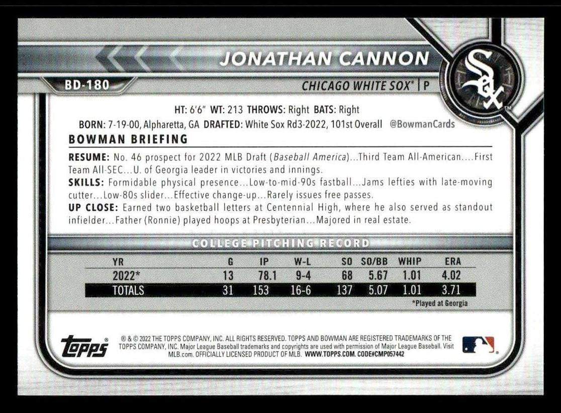 2022 Bowman Draft 1st Edition #BD-180 Jonathan Cannon