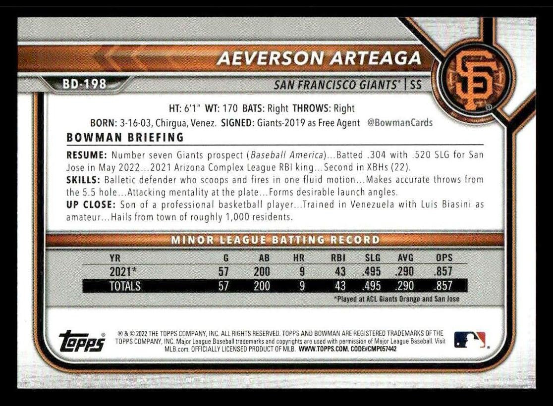 2022 Bowman Draft #BD-198 Aeverson Arteaga