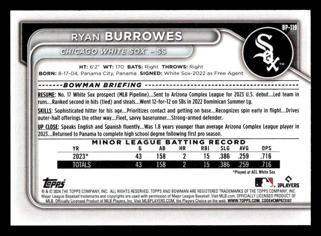 2024 Bowman #BP-119 Ryan Burrowes Prospects