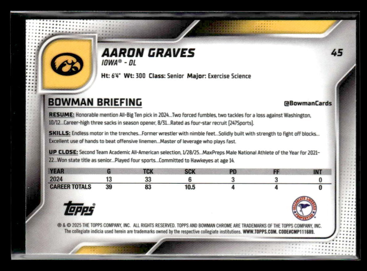 2025 Bowman University Chrome #45 Aaron Graves