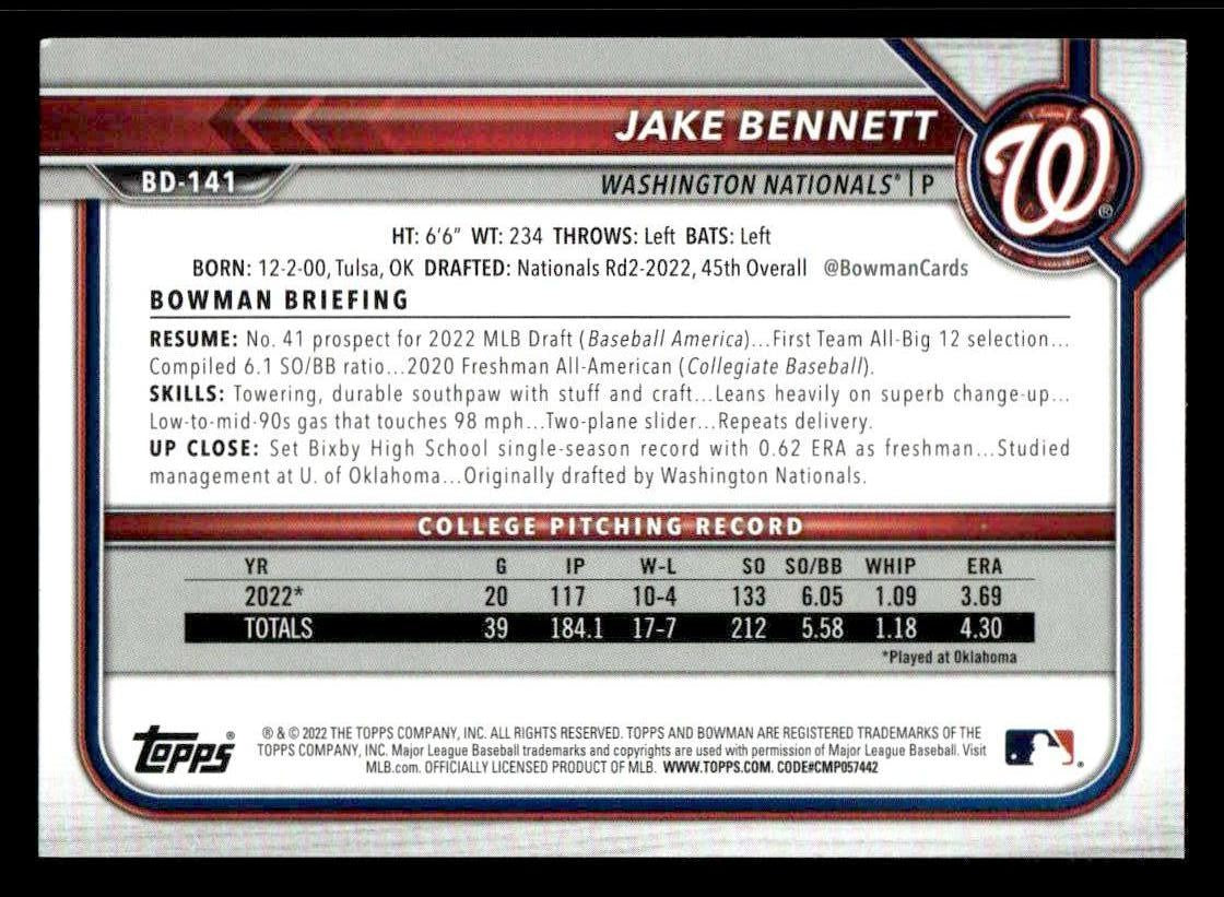 2022 Bowman Draft 1st Edition #BD-141 Jake Bennett