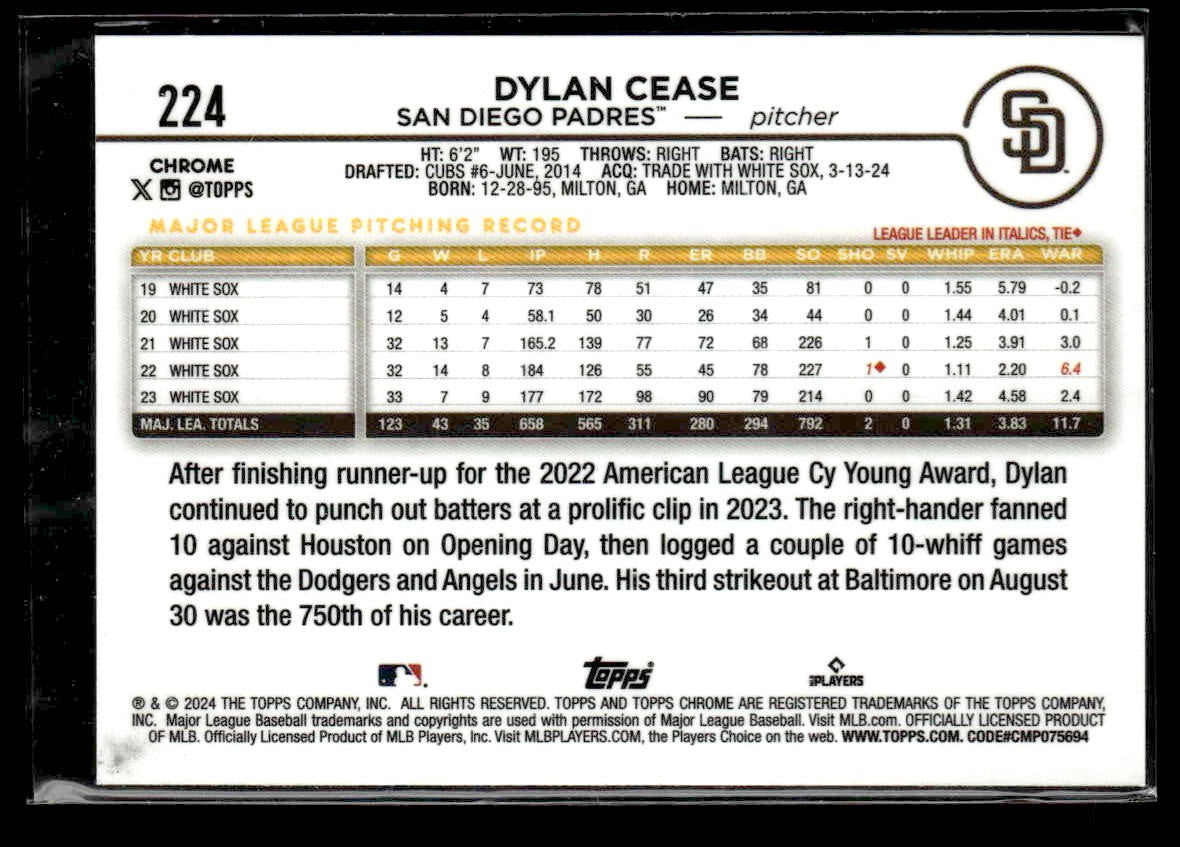 2024 Topps Chrome #224 Dylan Cease Prism Refractors