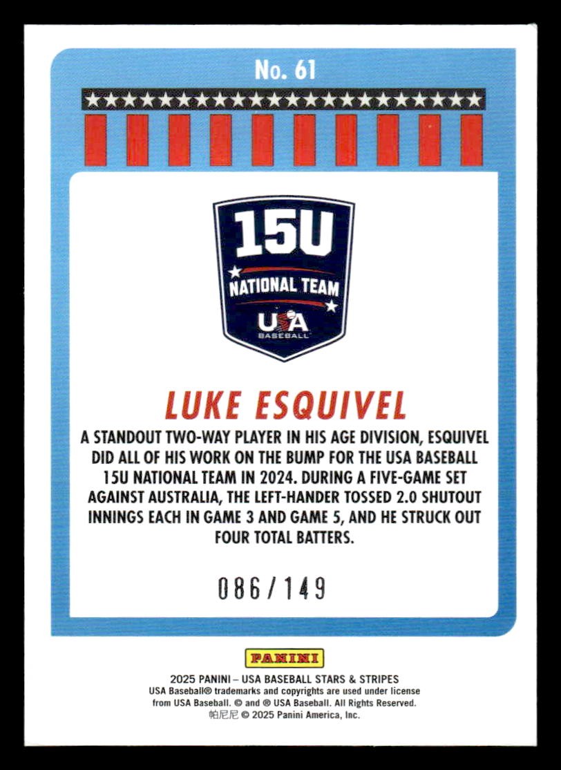 2025 Panini Stars and Stripes USA Baseball #61 Luke Esquivel Blue #/149