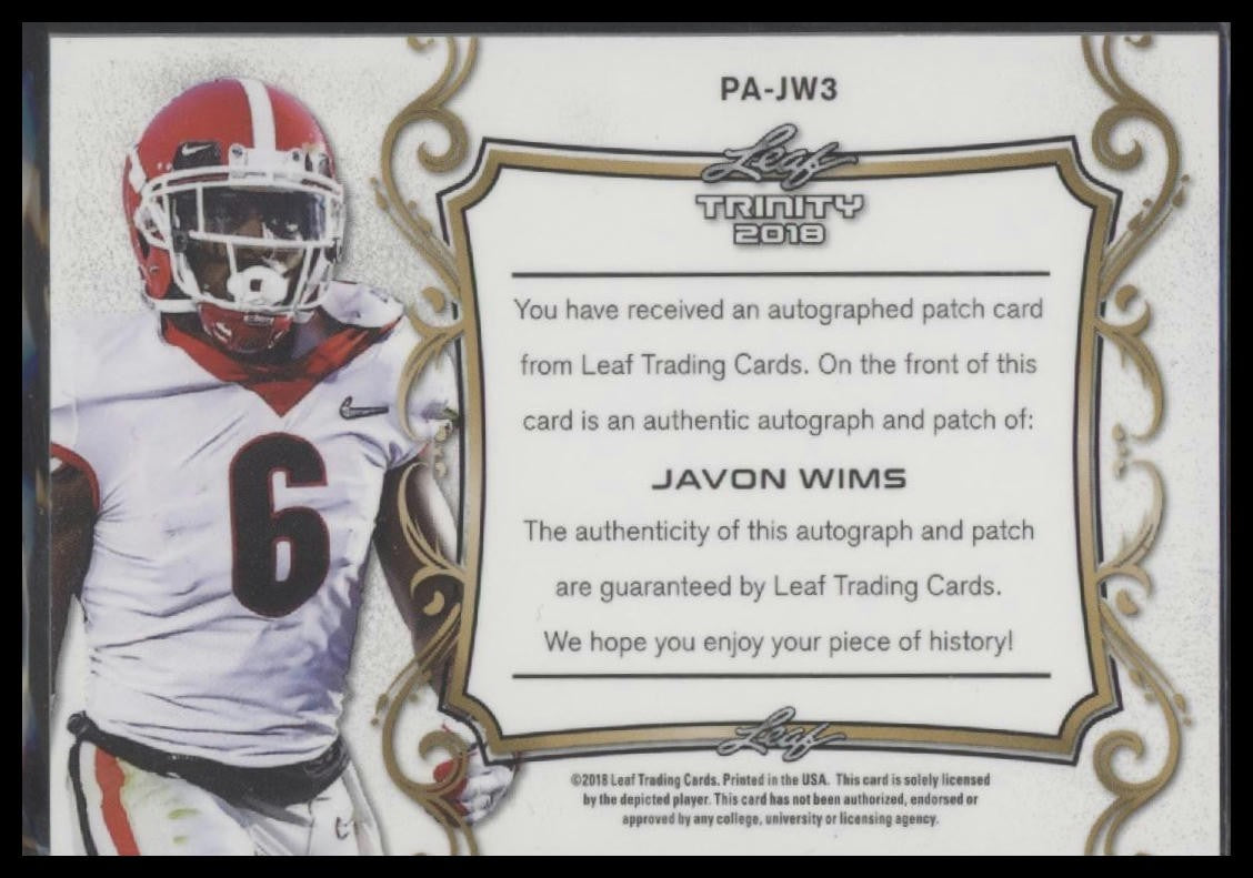 2018 Leaf Trinity #PA-JW3 Javon Wims Patch Auto