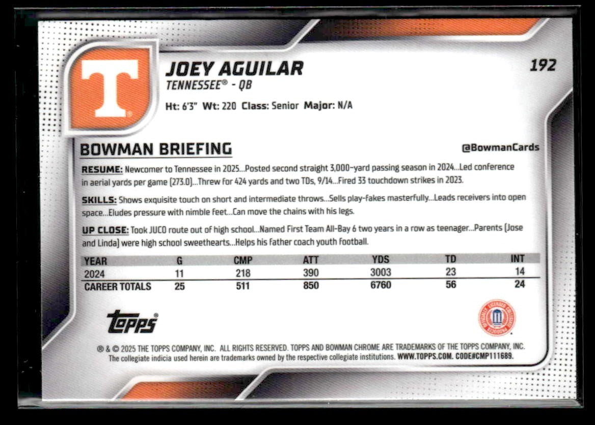 2025 Bowman University Chrome #192 Joey Aguilar