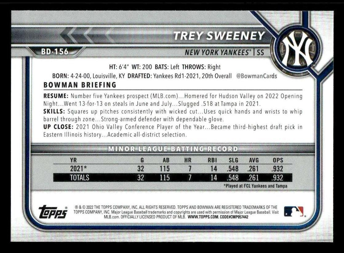 2022 Bowman Draft 1st Edition #BD-156 Trey Sweeney
