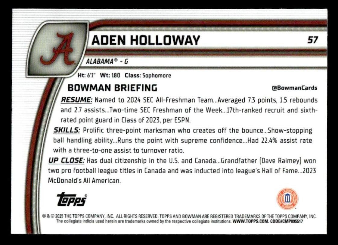 2024-25 Bowman University Chrome #57 Aden Holloway