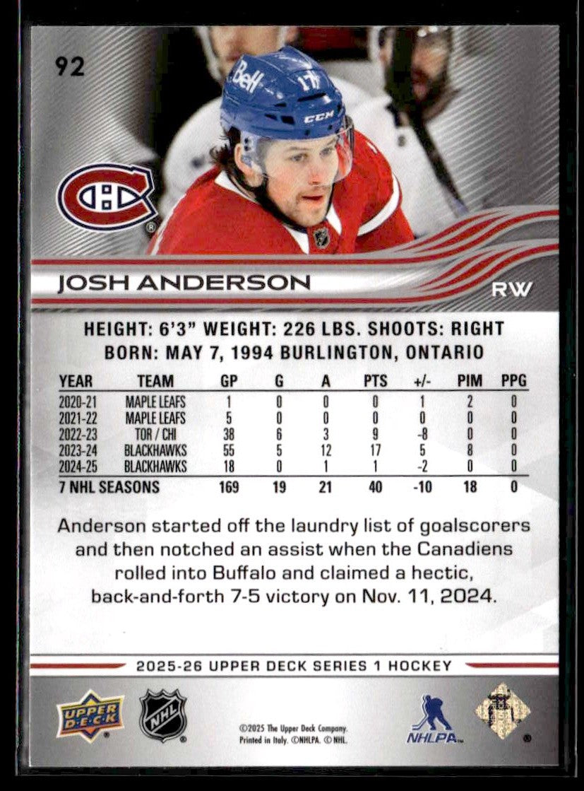 2025-26 Upper Deck #92 Josh Anderson