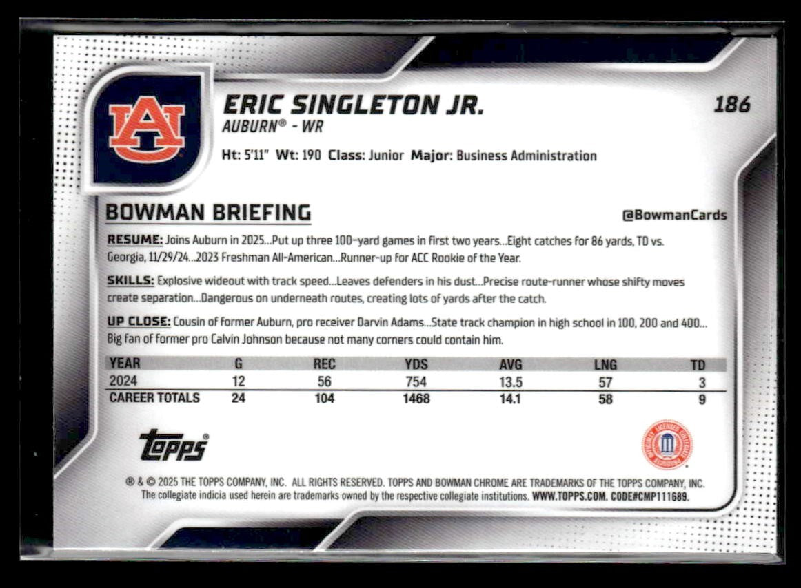 2025 Bowman University Chrome #186 Eric Singleton Jr.
