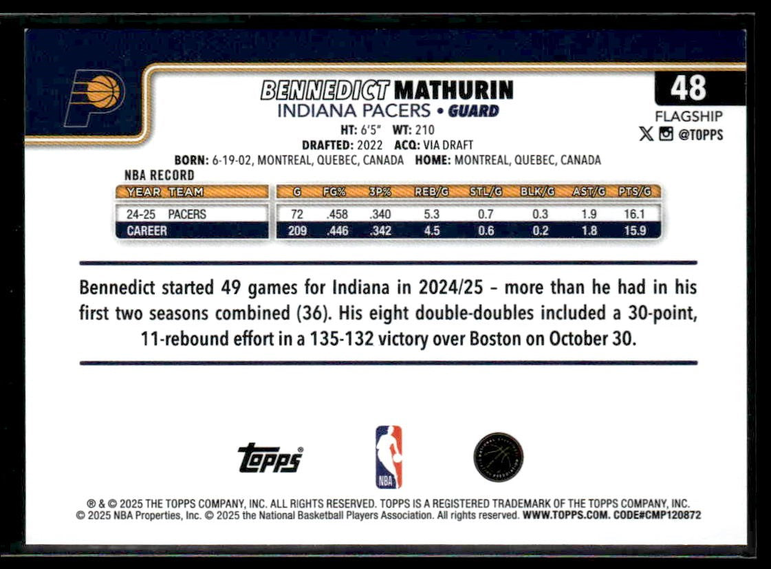 2025-26 Topps #48 Bennedict Mathurin