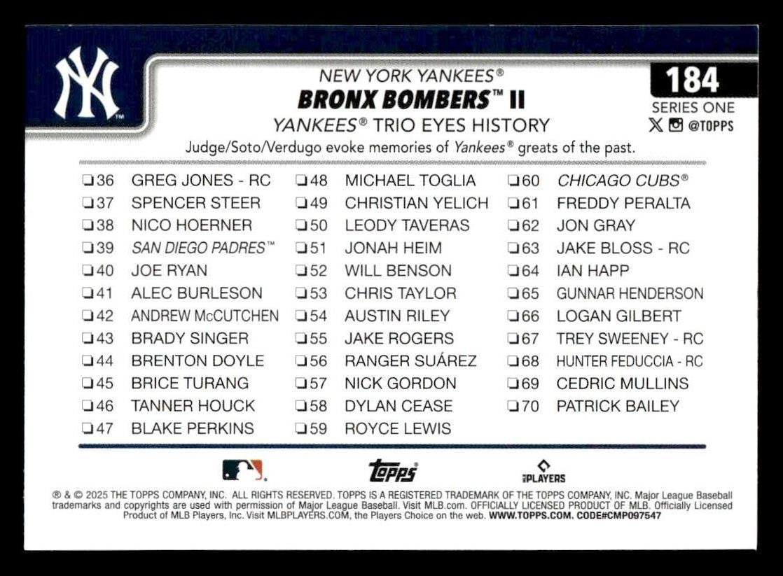 2025 Topps #184 Bronx Bombers II: Yankees Trio Eyes History
