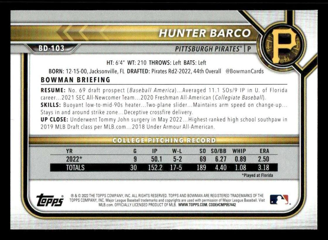 2022 Bowman Draft 1st Edition #BD-103 Hunter Barco