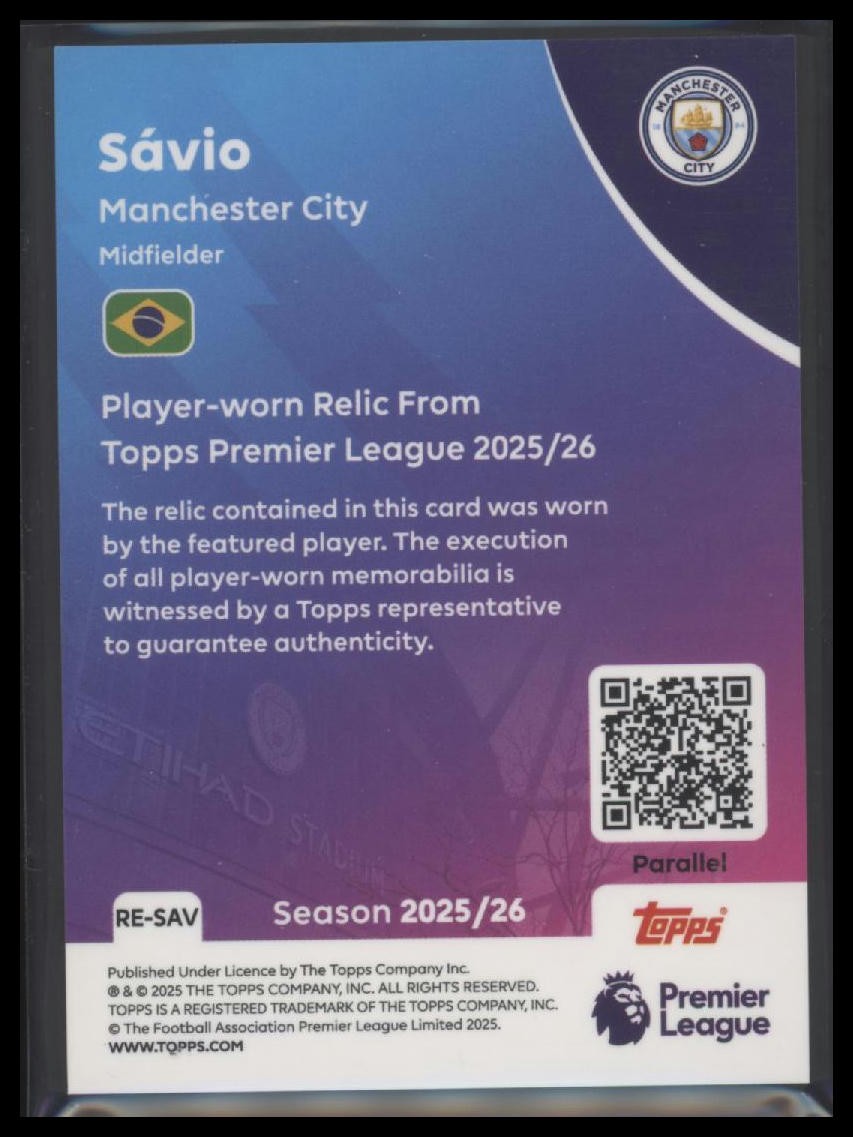 2025-26 Topps Premier League #RE-SAV Sávio Premier Relics Purple Foil #043/199
