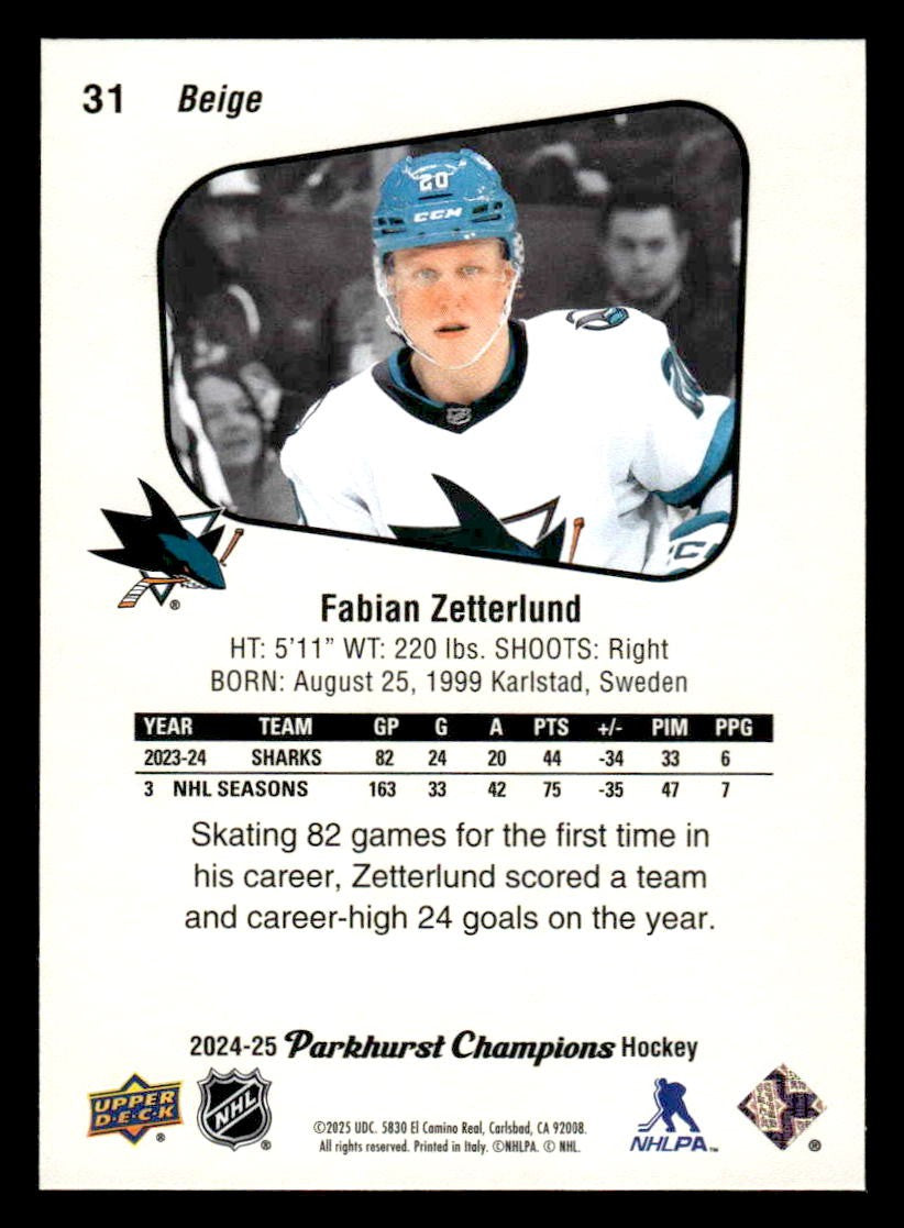 2024-25 Parkhurst Champions #31 Fabian Zetterlund