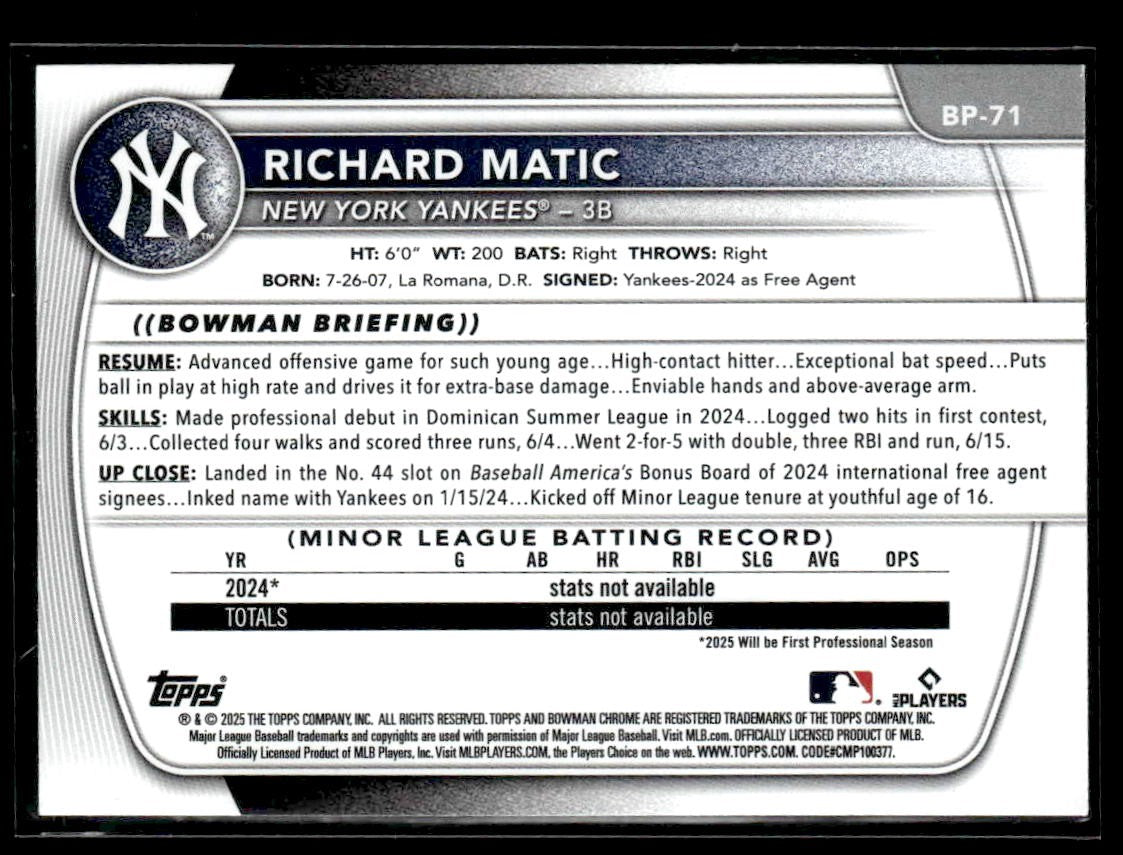 2025 Bowman #BP-71 Richard Matic Pink #134/175