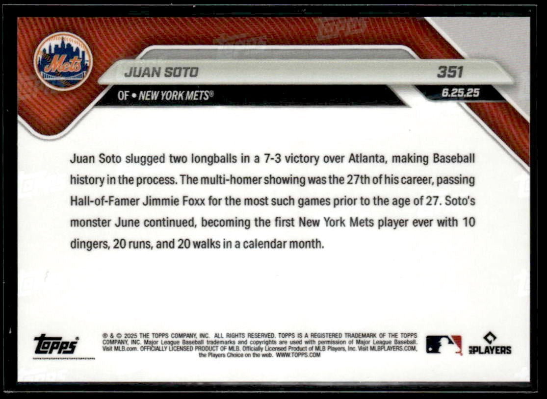 2025 Topps Now #351 Juan Soto Passes Foxx for most multi-HR games