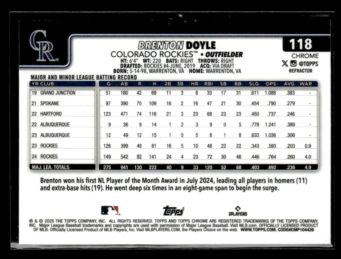 2025 Topps Chrome #118 Brenton Doyle Refractors