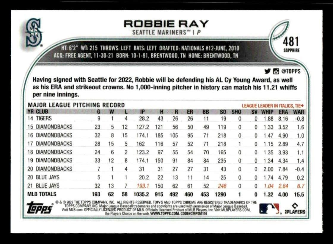 2022 Topps Chrome Sapphire Edition #481 Robbie Ray