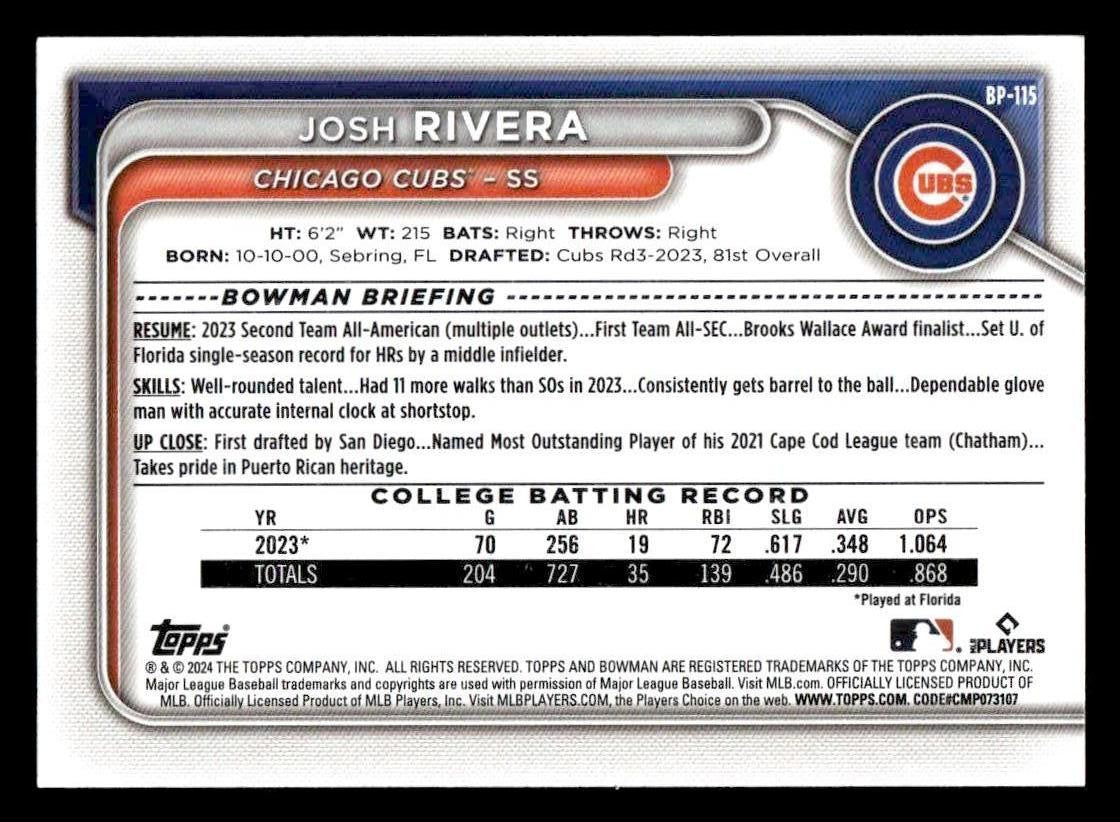 2024 Bowman #BP-115 Josh Rivera Prospects