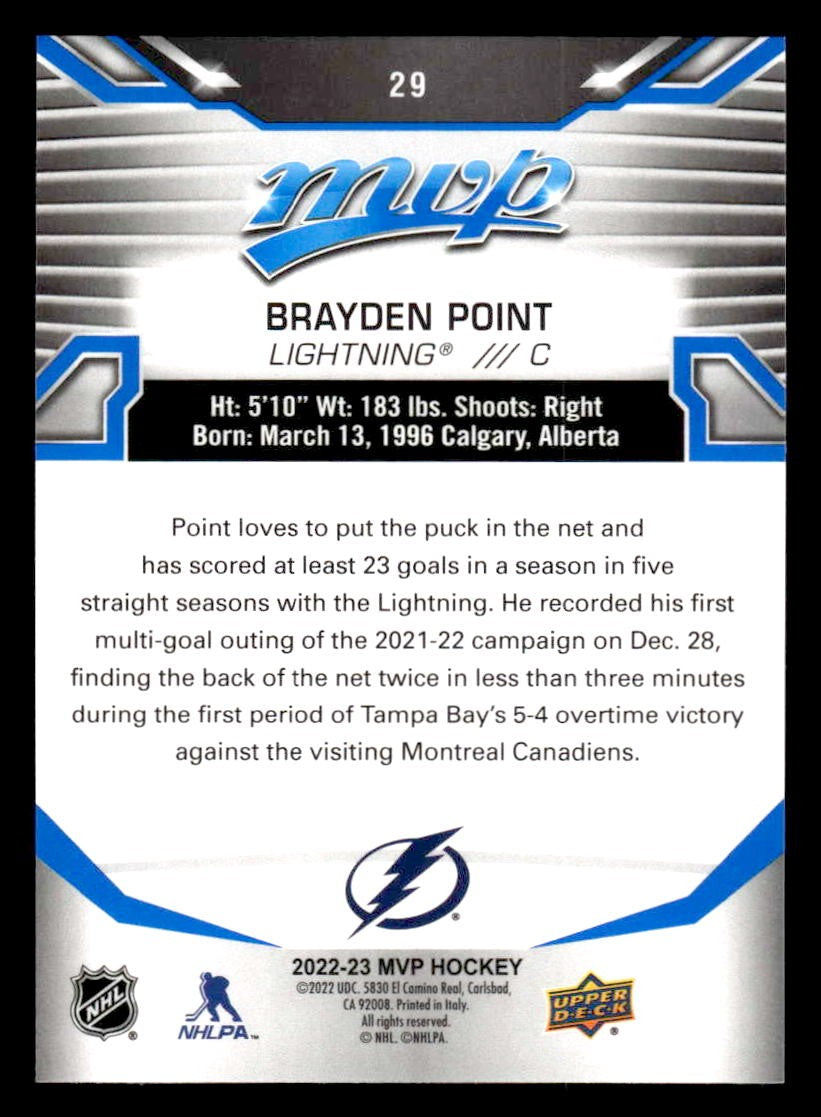 2022-23 Upper Deck MVP #29 Brayden Point Blue Script