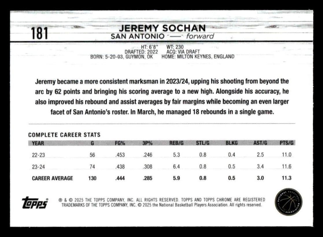 2024-25 Topps Chrome Sapphire #181 Jeremy Sochan