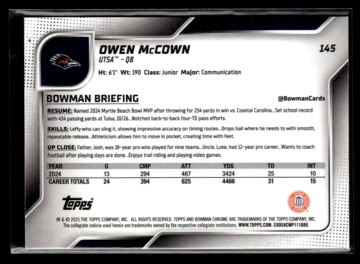 2025 Bowman University Chrome #145 Owen McCown
