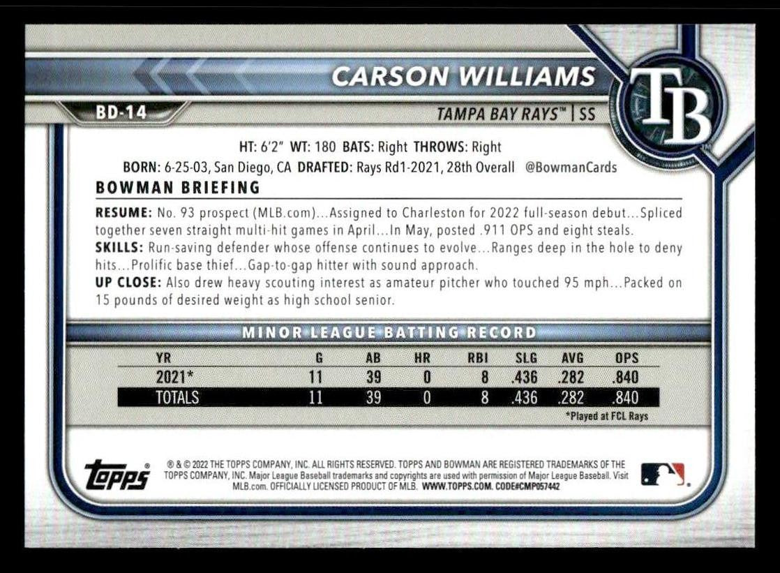 2022 Bowman Draft 1st Edition #BD-14 Carson Williams