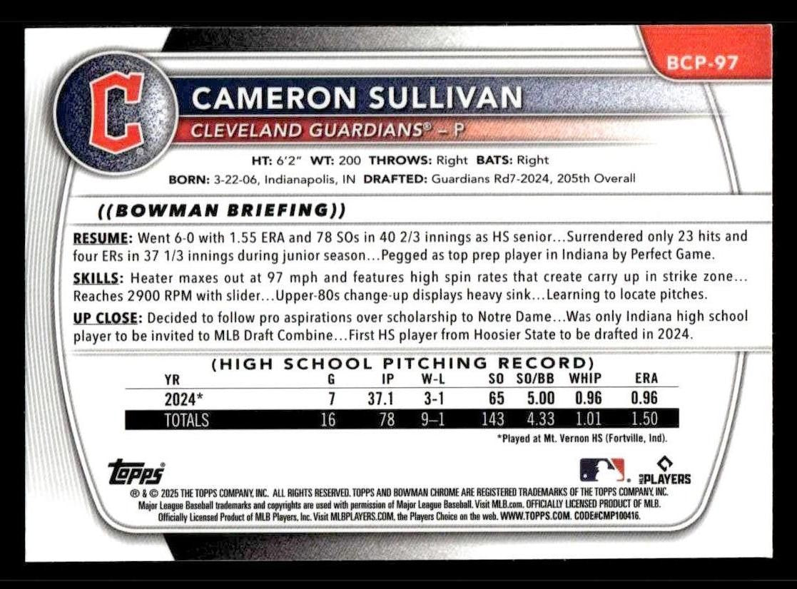 2025 Bowman #BCP-97 Cameron Sullivan Chrome Prospects