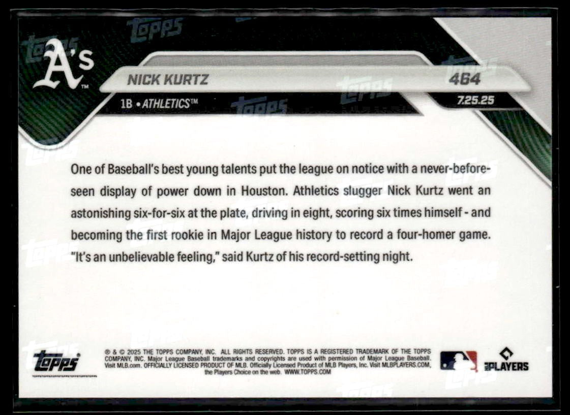 2025 Topps Now #464 Nick Kurtz 1st Rookie with 4 HR Game