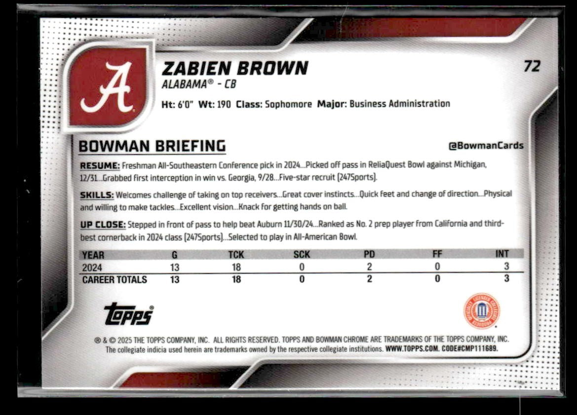 2025 Bowman University Chrome #72 Zabien Brown Xfractor