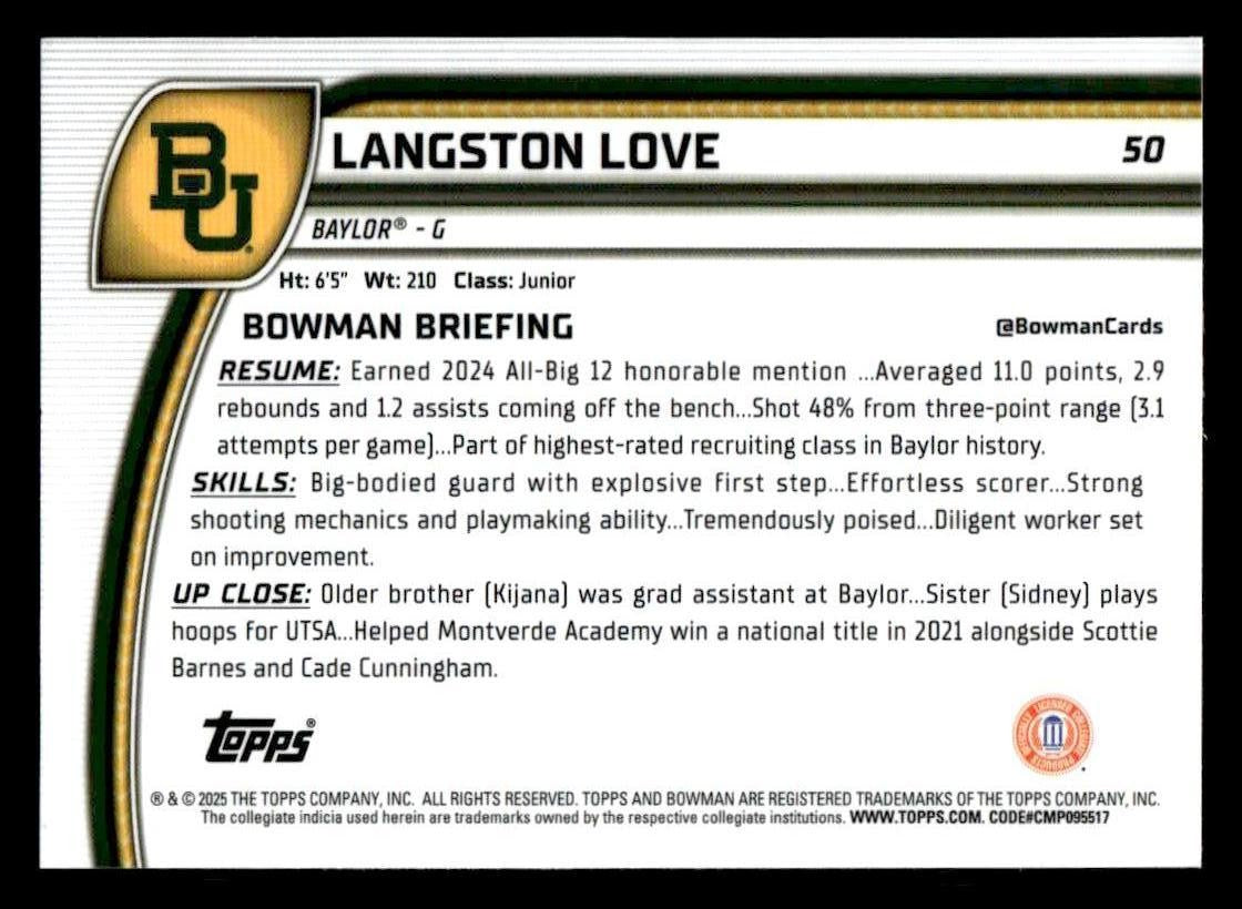 2024-25 Bowman University Chrome #50 Langston Love